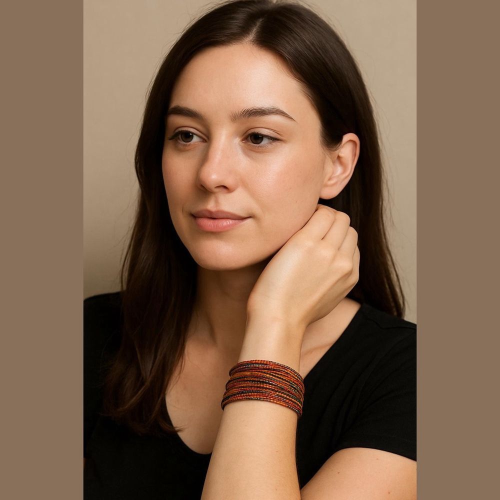 Women’s Orange Red Brown Beaded Coil Wrap Bracelet Memory Wire Cuff OS